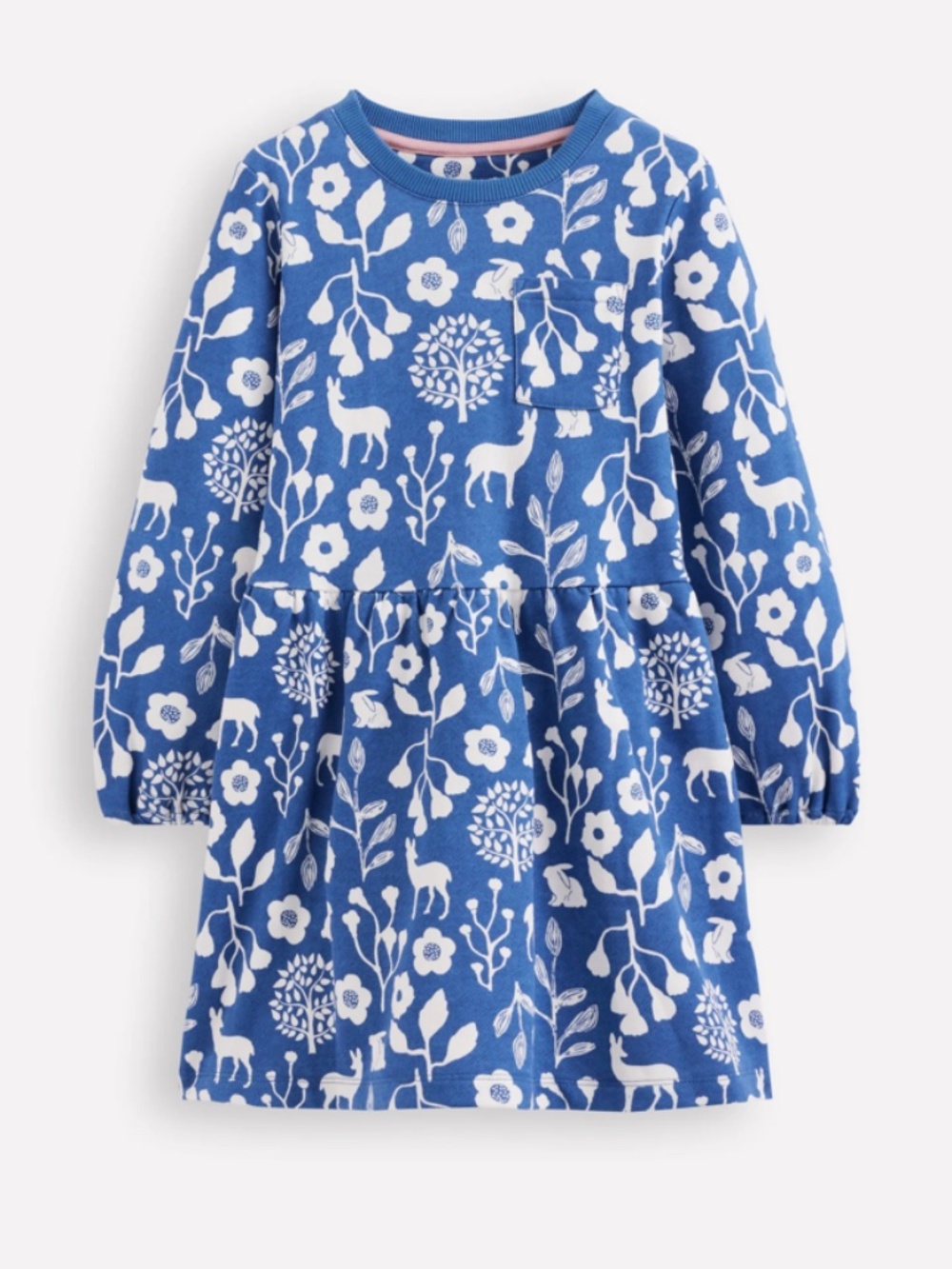 Mini Boden - Blue & White Woodland Floral Minna Sweatshirt Dress, Size 8-9y
